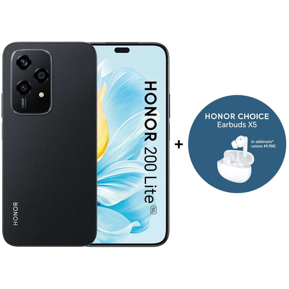 Honor 200 Lite Smartphone 5G 6,7" Ram 8 Gb Memoria 256 Gb Android colore nero + Auricolari Bluetooth