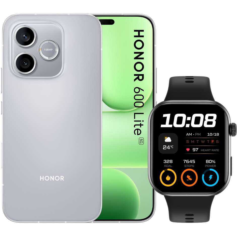 HONOR 600 Lite Smartphone 5G 17,0 cm (6.7") AMOLED 120Hz 8 GB 256 GB 108 MP Grigio con Smartwatch Watch 2i