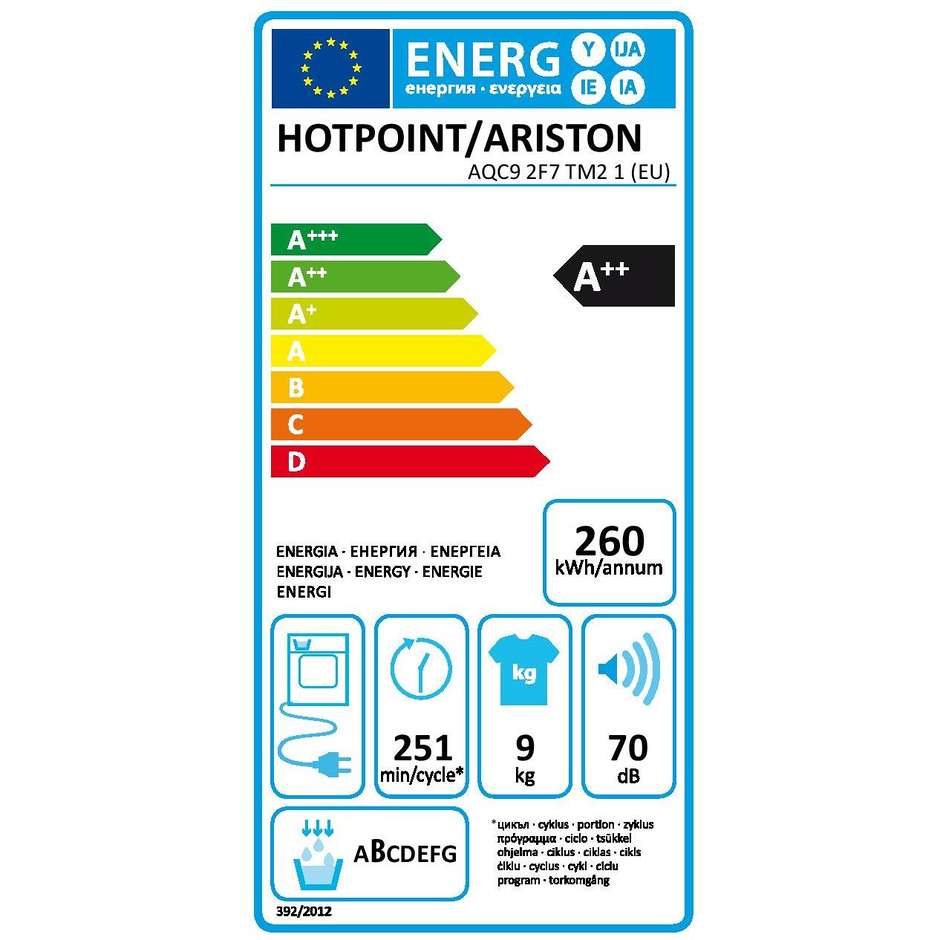 Hotpoint/Ariston AQC9 2F7 TM2 1 (EU) asciugatrice a condensazione con pompa di calore 9 Kg classe A++ bianco