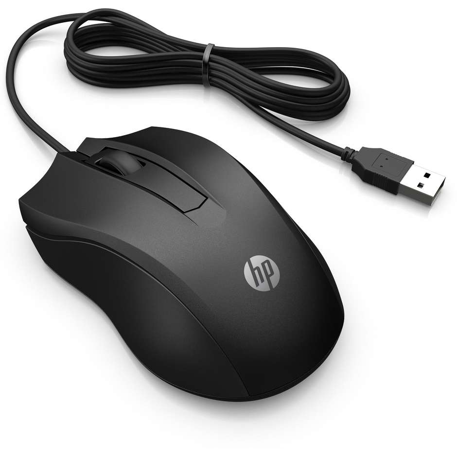 HP 100 Mouse Cablato USB Ottico Ambidestro da 1600 DPI con 3 Pulsanti Rotella di Scorrimento e Cavo 1.5m - Nero (6VY96AA)