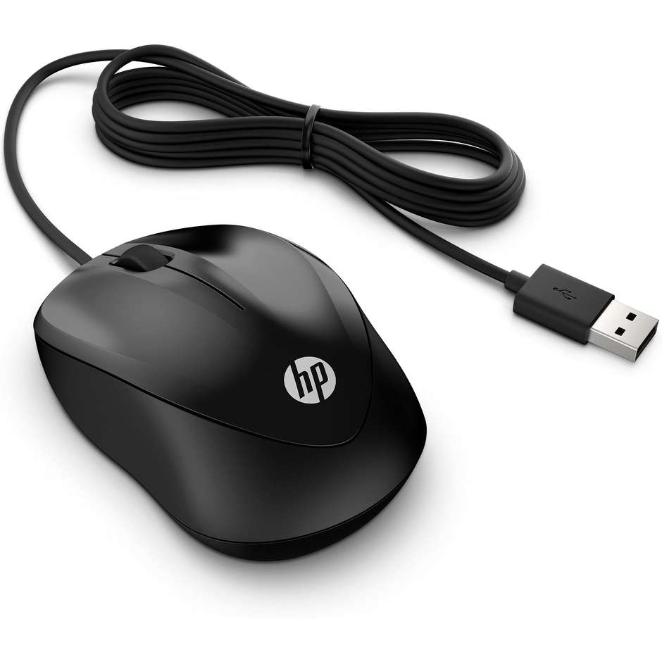 HP 150 Mouse Cablato USB con Sensore Ottico da 1600 DPI Design Ambidestro Ergonomico e Cavo 1m Plug & Play - Nero (4QM14AA)