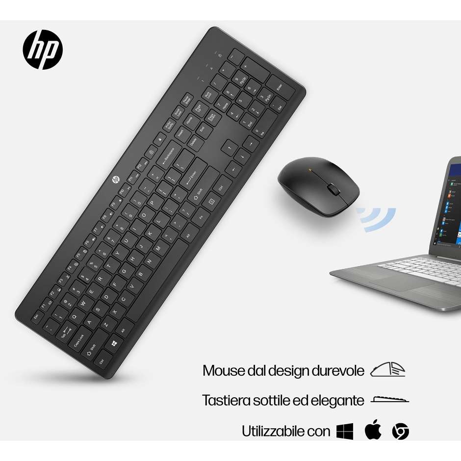HP 230 Combo Set Tastiera e Mouse Wireless Layout Italiano Silenzioso Nero