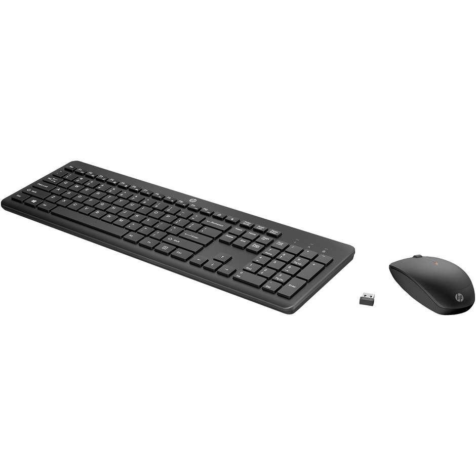 HP 230 Combo Tastiera e Mouse Wireless Layout Italiano Tasti Silenziosi e Mouse Ambidestro 1600 DPI con Ricevitore USB 2.4GHz - Nero (18H24AA)
