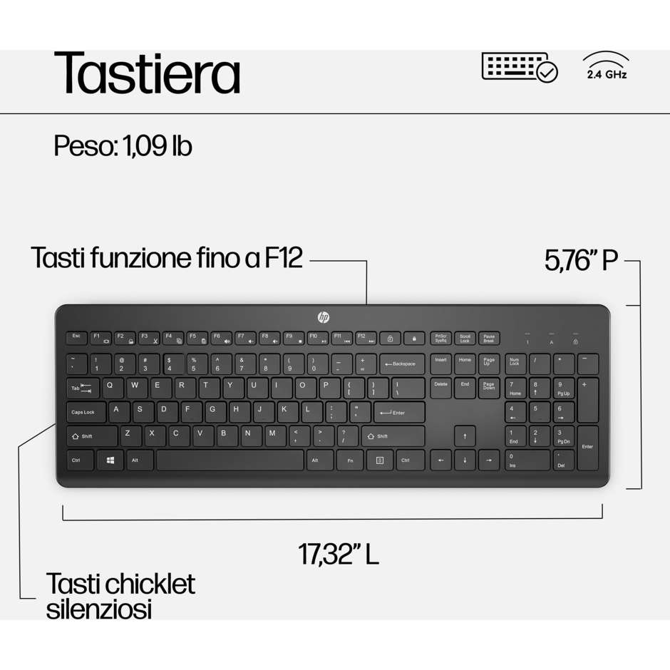 HP 230 Combo Tastiera e Mouse Wireless Layout Italiano Tasti Silenziosi e Mouse Ambidestro 1600 DPI con Ricevitore USB 2.4GHz - Nero (18H24AA)