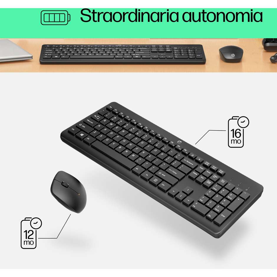 HP 230 Combo Tastiera e Mouse Wireless Layout Italiano Tasti Silenziosi e Mouse Ambidestro 1600 DPI con Ricevitore USB 2.4GHz - Nero (18H24AA)