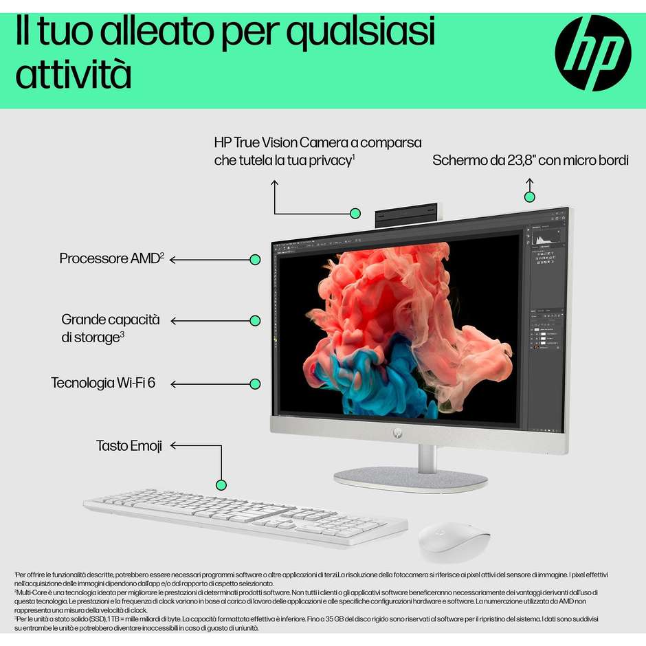 HP 24-CR0011NL PC All-in-one 23.8" Full HD AMD Ryzen 5 Ram 8 GB Memoria 512 GB Windows 11 Home Colore Bianco