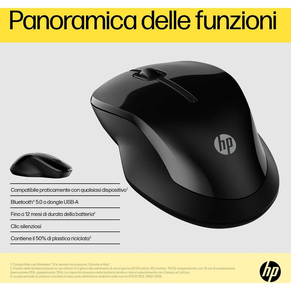 HP 240 Mouse Wireless Bluetooth 5.1 Portatile con Tracciamento Fluido e Autonomia fino a 15 Mesi - Nero (6V2J7AA)