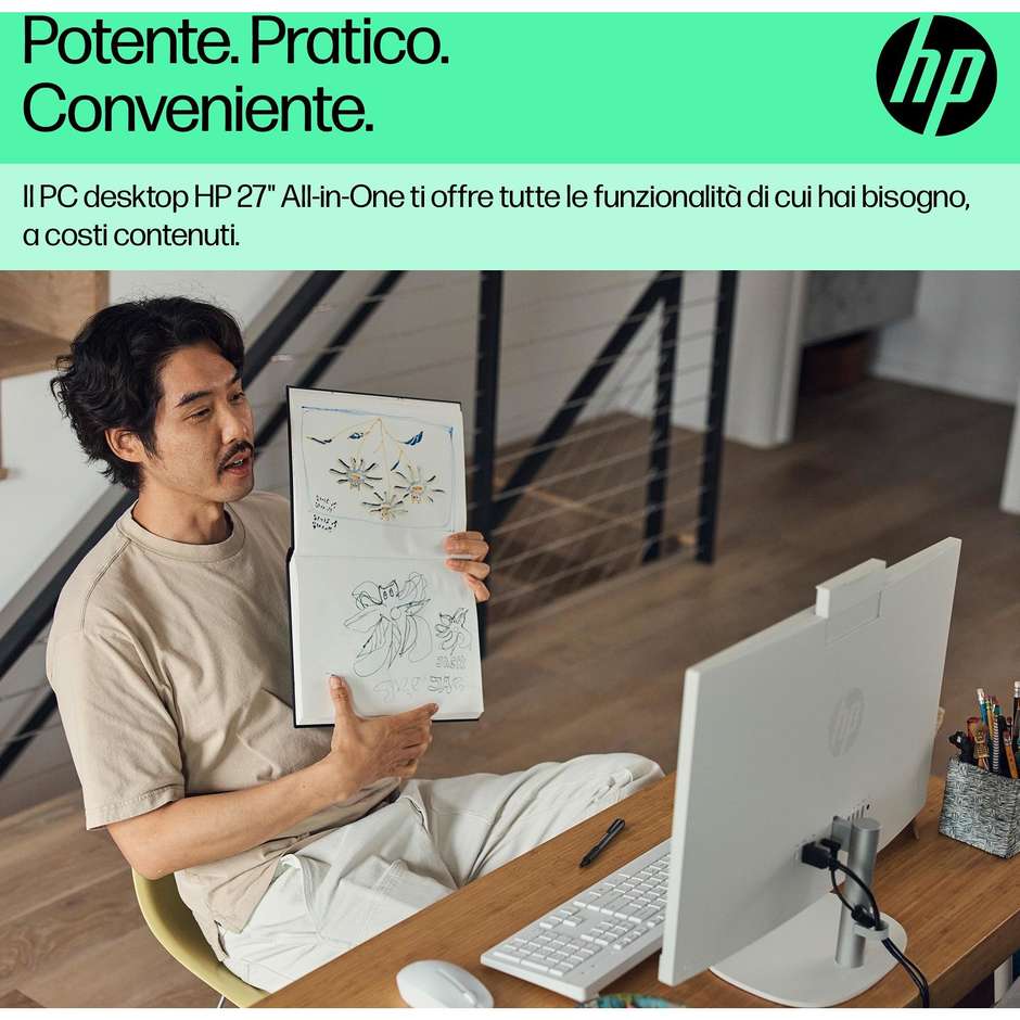 HP 27-cr0024nl PC All-in-one 27" Ram 8 GB Memoria 512 GB 300 cd/m² Windows 11 Home Wi-Fi Colore Bianco