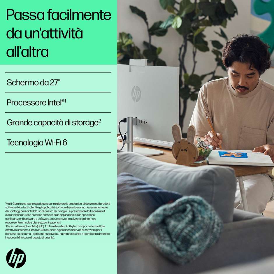 HP 27-cr0024nl PC All-in-one 27" Ram 8 GB Memoria 512 GB 300 cd/m² Windows 11 Home Wi-Fi Colore Bianco