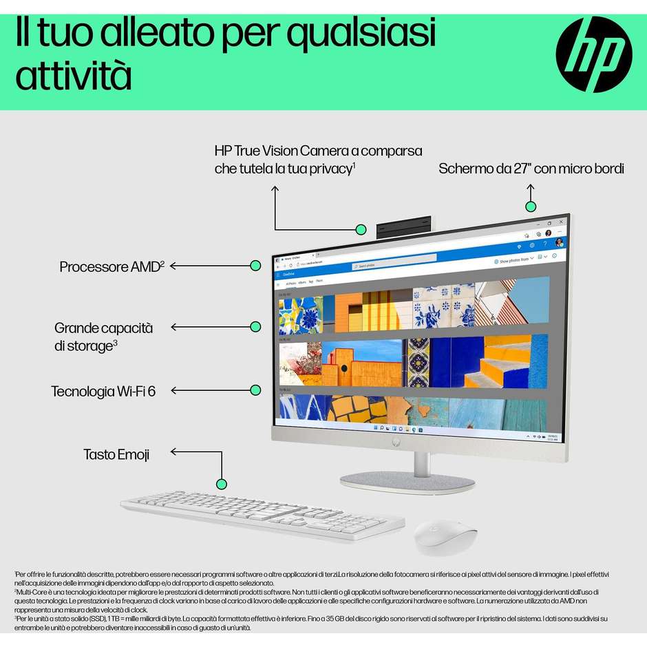 HP 27-CR0025NL PC All-in-one 27" Full HD AMD Ryzen 5 Ram 16 GB Memoria 512 GB Windows 11 Home Colore Bianco