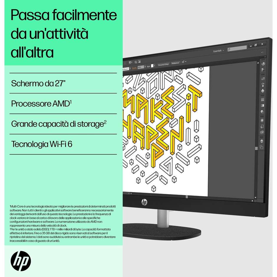 HP 27-CR0025NL PC All-in-one 27" Full HD AMD Ryzen 5 Ram 16 GB Memoria 512 GB Windows 11 Home Colore Bianco