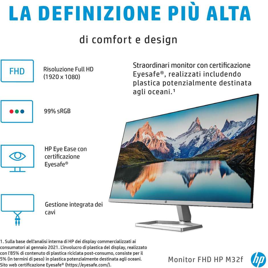 HP 2H5M7AA Monitor PC 31.5" Full HD Luminosità 300 cd/m² Classe D colore argento