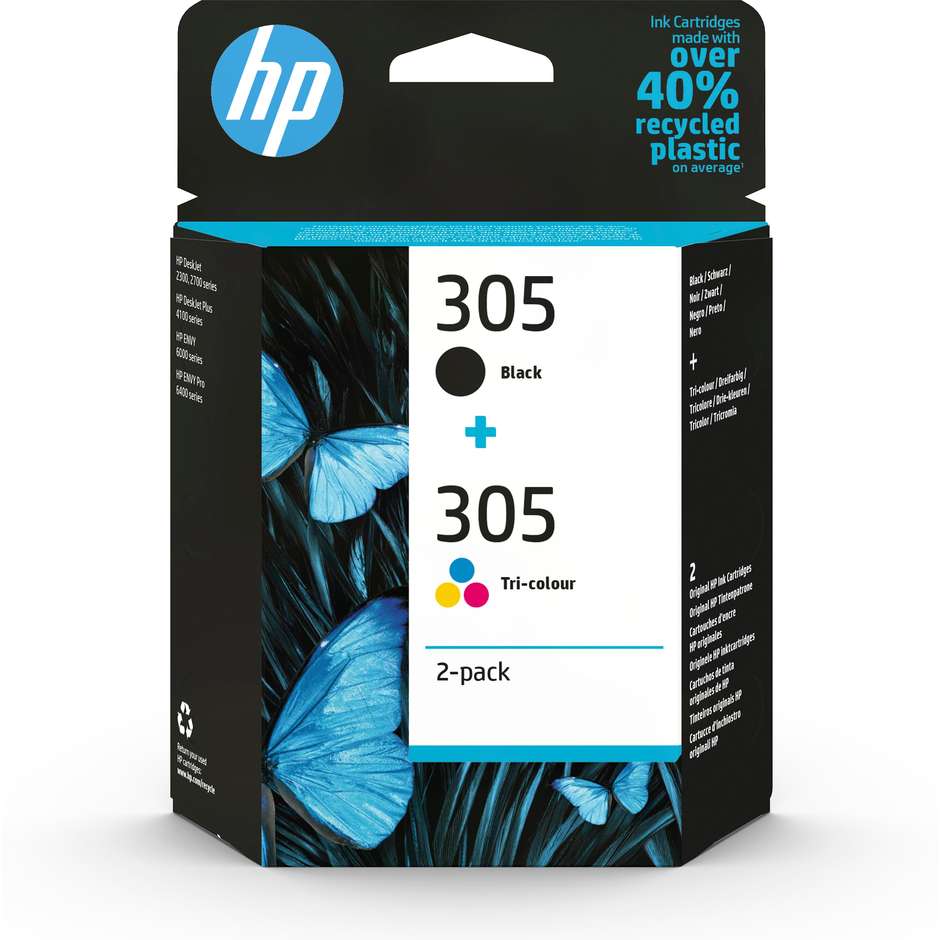 HP 305 Multipack (6ZD17AE) Confezione 2 Cartucce Originali Nero e Tricromia