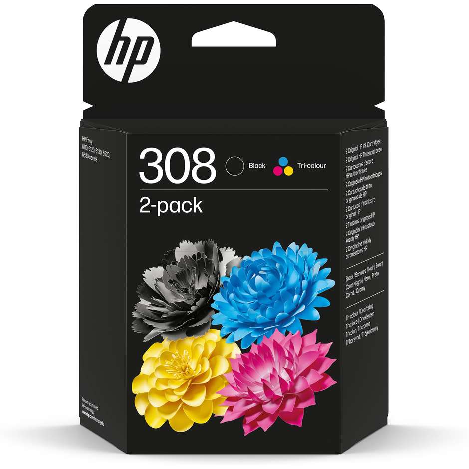 HP 308 confezione di 2 cartucce originali nero e tricromia, 6L6S6UE