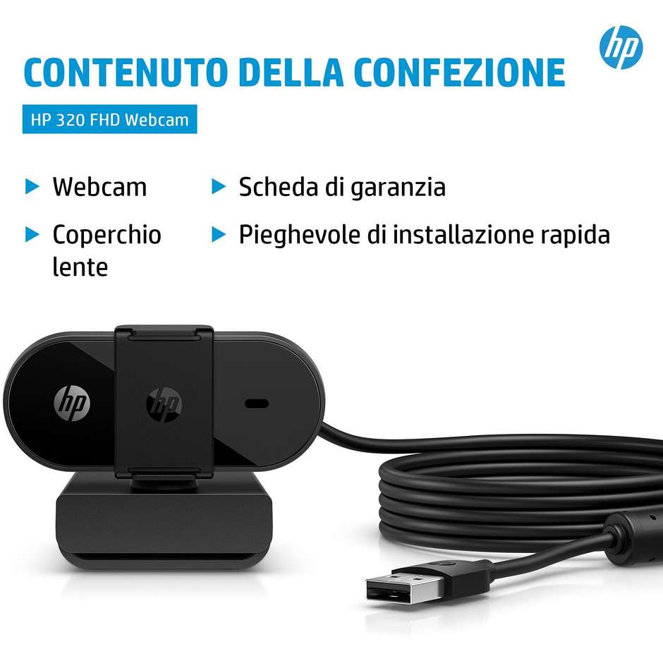 HP 320 FHD Webcam Full HD 1080p con Microfono e Otturatore Privacy Clip Monitor USB Nero (53X26AA)