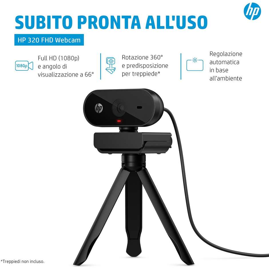 HP 320 FHD Webcam Full HD 1080p con Microfono e Otturatore Privacy Clip Monitor USB Nero (53X26AA)
