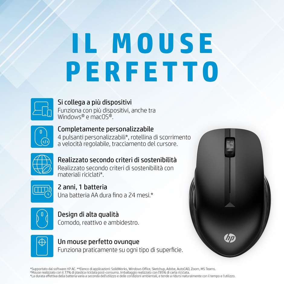 HP 3B4Q2AA Mouse Ottico RF Wireless + Bluetooth 1200 DPI Colore Black