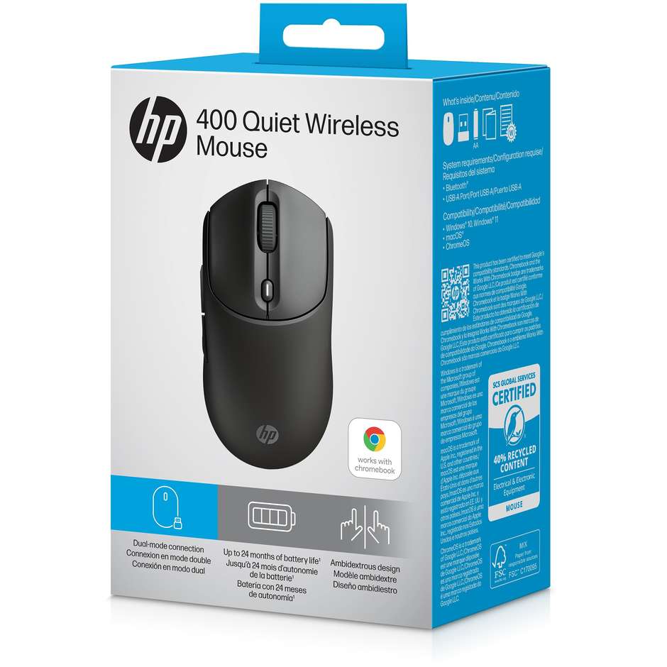 HP 400 Mouse Wireless e Bluetooth Silenzioso Multi-Dispositivo con 4 Tasti Programmabili Regolazione DPI fino a 4000 DPI - Nero