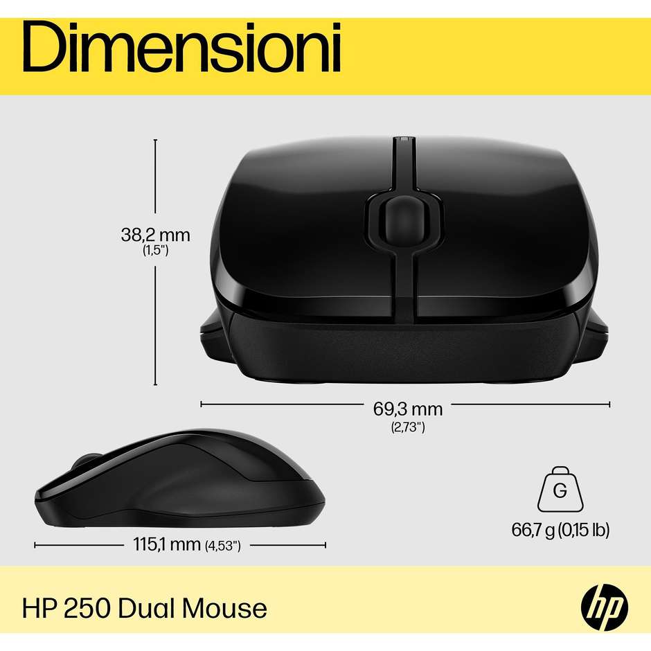 HP 430 Multi-Device Mouse Wireless Bluetooth 5.0 e RF 2.4 GHz 1600 DPI Clic Silenzioso Nero