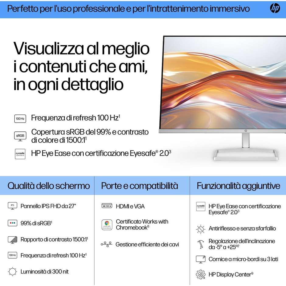 HP 94F44AA PC Monitor 27" Full HD 300 cd/m² Classe D Colore Nero, Bianco
