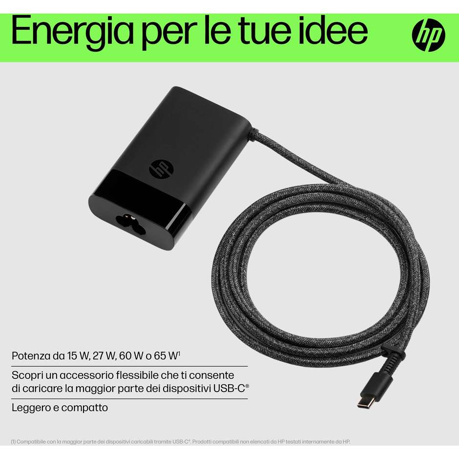 HP Caricabatterie per Laptop USB-C 65W (671R2AA) Alimentatore da Rete con Power Delivery Nero