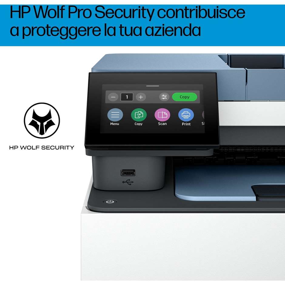 HP Color LaserJet Pro 3302fdw (499Q8F) Stampante Multifunzione Laser a Colori 4-in-1 A4 25 ppm Touchscreen 10.9cm ADF 50 Fogli Fronte/Retro Automatico Wi-Fi Dual Band Ethernet Fax Bianco/Blu