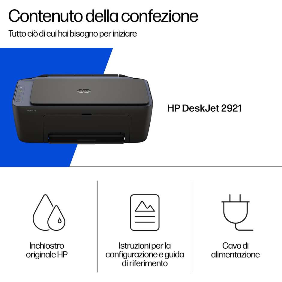 HP DeskJet 2921 Stampante Multifunzione 3-in-1 a Colori Wireless A4 Nero