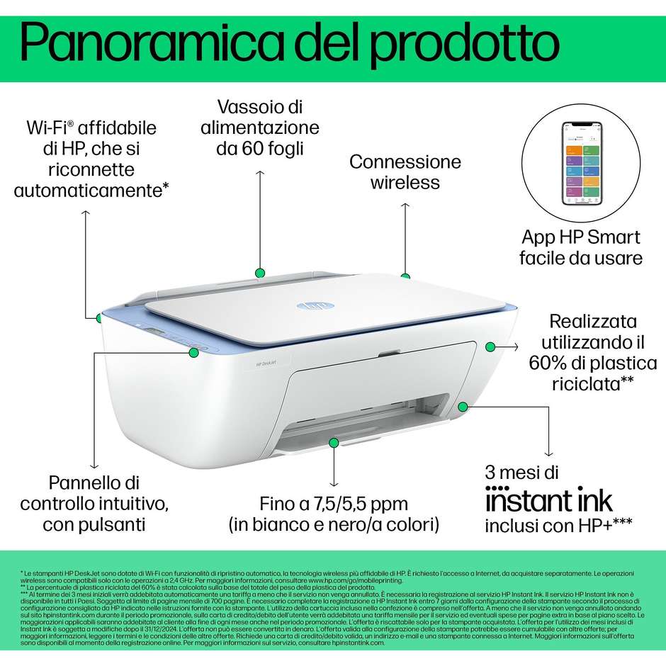 HP DeskJet DJ2822E  Stampante multifunzione 3in1 Wi-Fi Bluetooth A4 Colore Blu