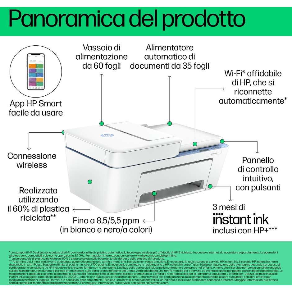 HP DeskJet DJ4222E 60K29B A4 Wi-Fi Colore Bianco