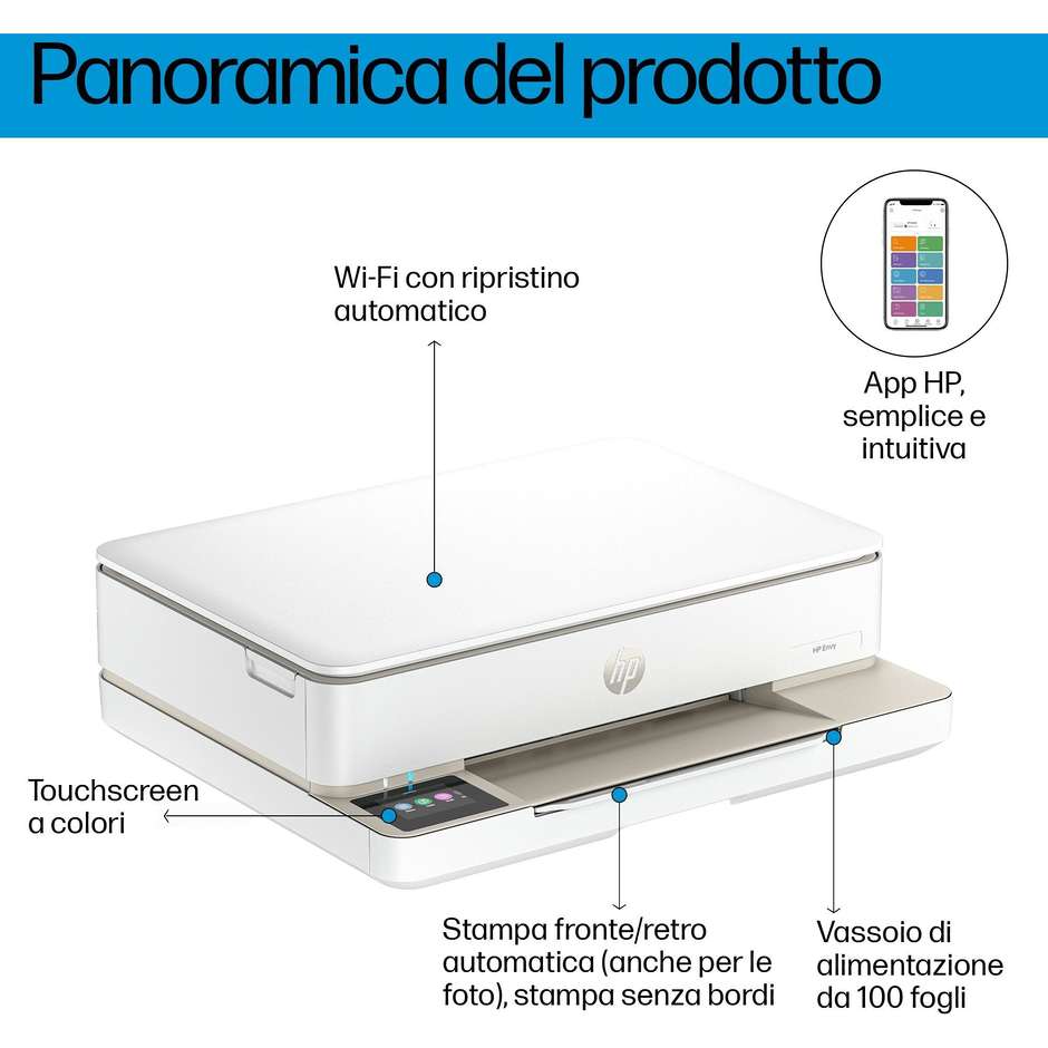 HP Envy 6120e (714L8B) Stampante Multifunzione Inkjet 3-in-1 A4 Fronte/Retro Automatico Wi-Fi Dual Band Auto-Healing HP+ Sabbia/Beige