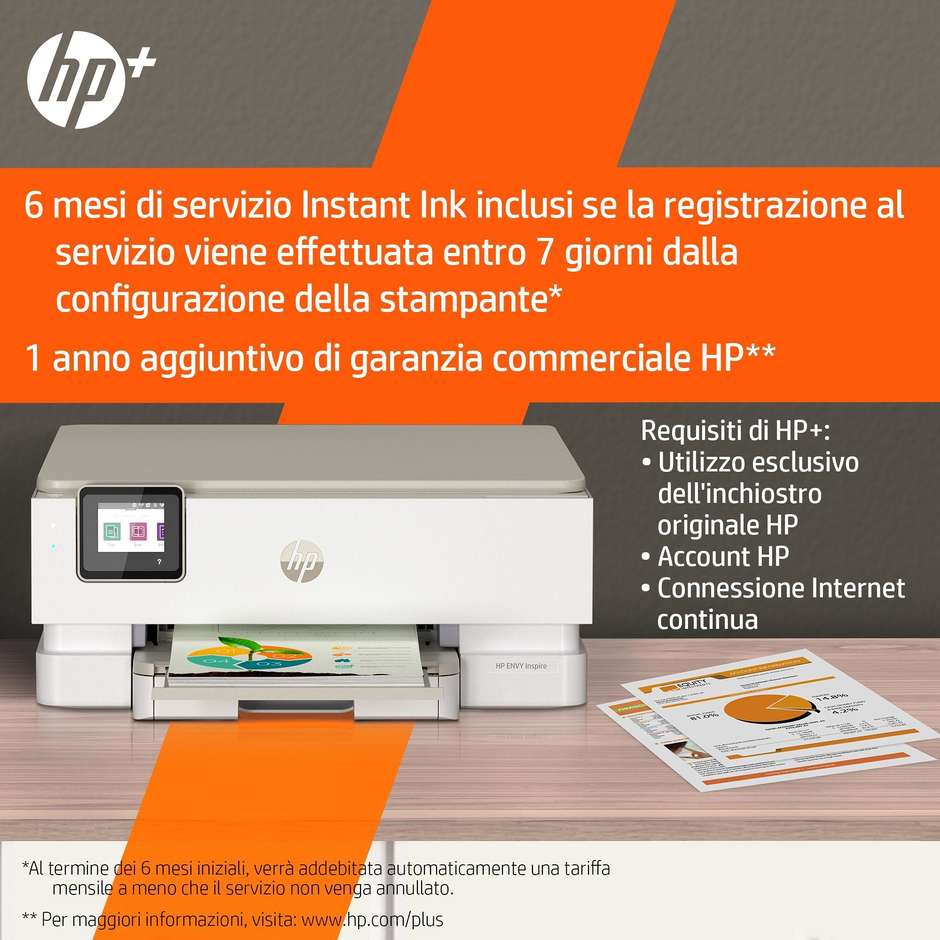 HP Envy Inspire 7224e (349V2B) Stampante Multifunzione Inkjet Fotografica 3-in-1 A4 Vassoio Fotografico Dedicato Fronte/Retro Automatico Touchscreen Wi-Fi Beige