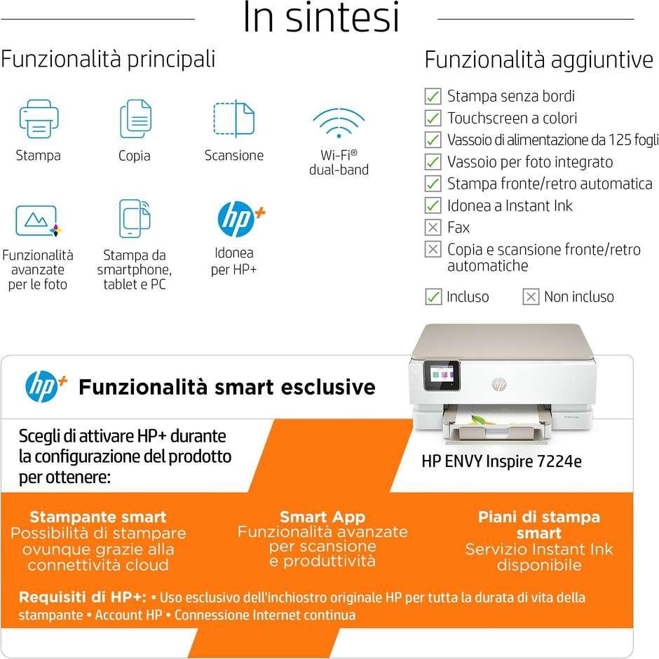 HP Envy Inspire 7224e multifunzione A4 a colori, Wi-Fi e duplex automatico