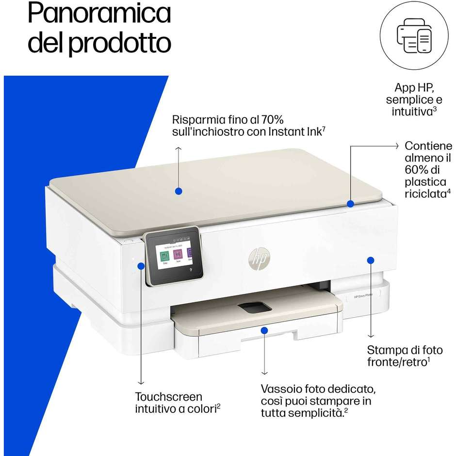 HP Envy Photo 7230 Stampante Multifunzione Inkjet Wi-Fi A4 Bianco/Beige