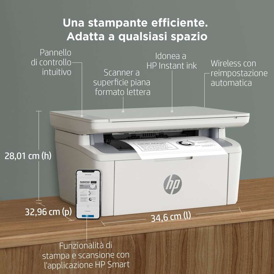 HP LaserJet MFP M140w (7MD72F) Stampante Multifunzione Laser Monocromatica 3-in-1 A4 Ultracompatta 20 ppm Wi-Fi Bluetooth HP+ Bianco