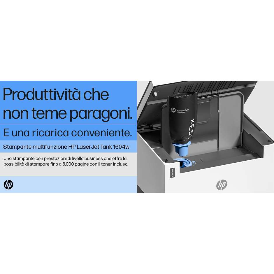 HP LaserJet Tank MFP 1604w Stampante Multifunzione Laser con Serbatoio Ricaricabile Fino a 5000 Pagine Wi-Fi Bianco 2R319A