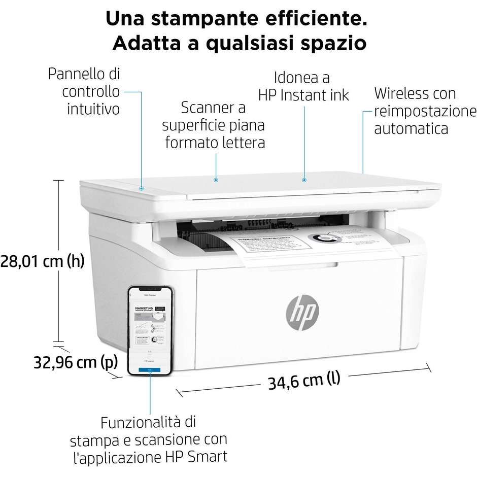 HP M140W 7MD72F Laser Jet Stampante Multifunzione 3in1 Wi-Fi + Bluetooth Formato A4 Colore Bianco