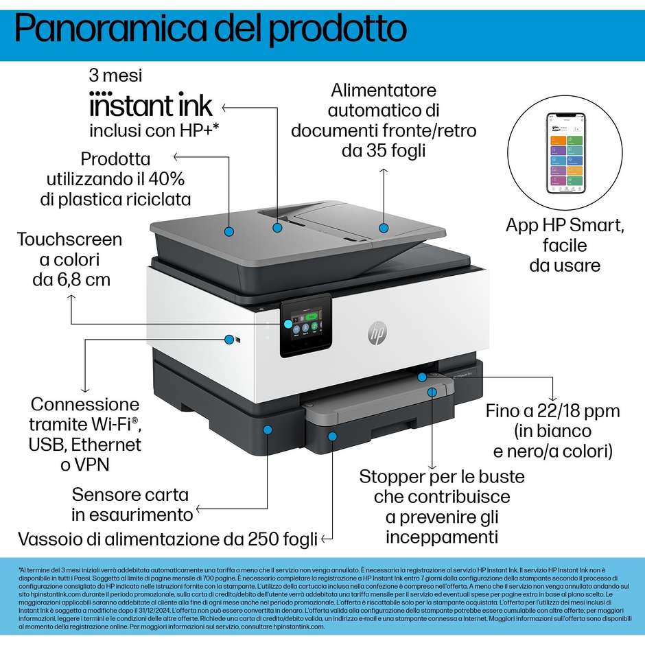 HP Office Jet Pro Stampante multifunzione 4in1 A4 Wi-Fi Colore Bianco, Nero