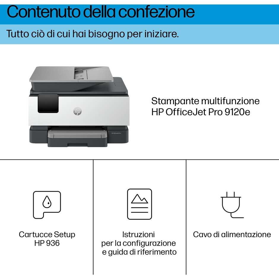 HP OfficeJet Pro 9120e (403X8B) Stampante Multifunzione Aziendale 4-in-1 A4 Touchscreen 6.86cm ADF 35 Fogli Fronte/Retro Automatico Totale Wi-Fi Dual Band Ethernet Fax HP+ Bianco/Nero