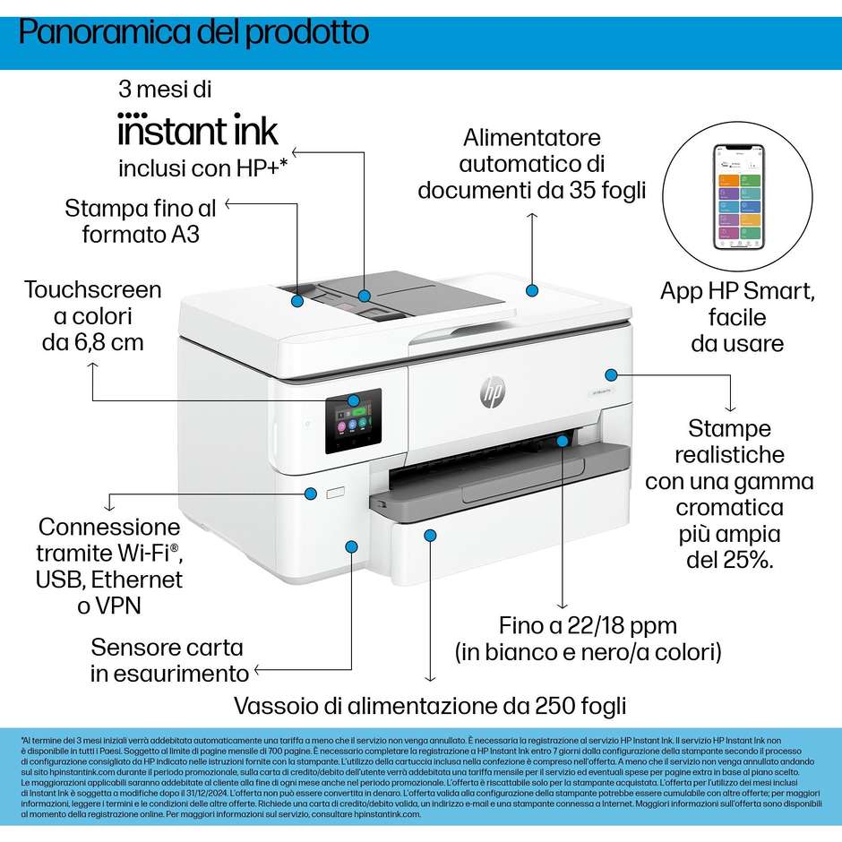 HP OfficeJet Pro 9720e (53N95B) Stampante Multifunzione Inkjet Professionale Grandi Formati A3/A4 3-in-1 ADF 35 Fogli Fronte/Retro Automatico Touchscreen Wi-Fi Bianco