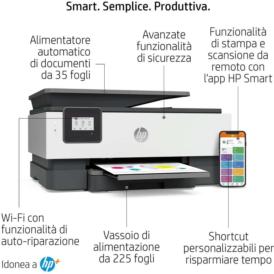 HP OJ8014E 228G0B Office Jet Stampante Multifunzione 3in1 Wi-Fi A4 Colore Grigio, Bianco