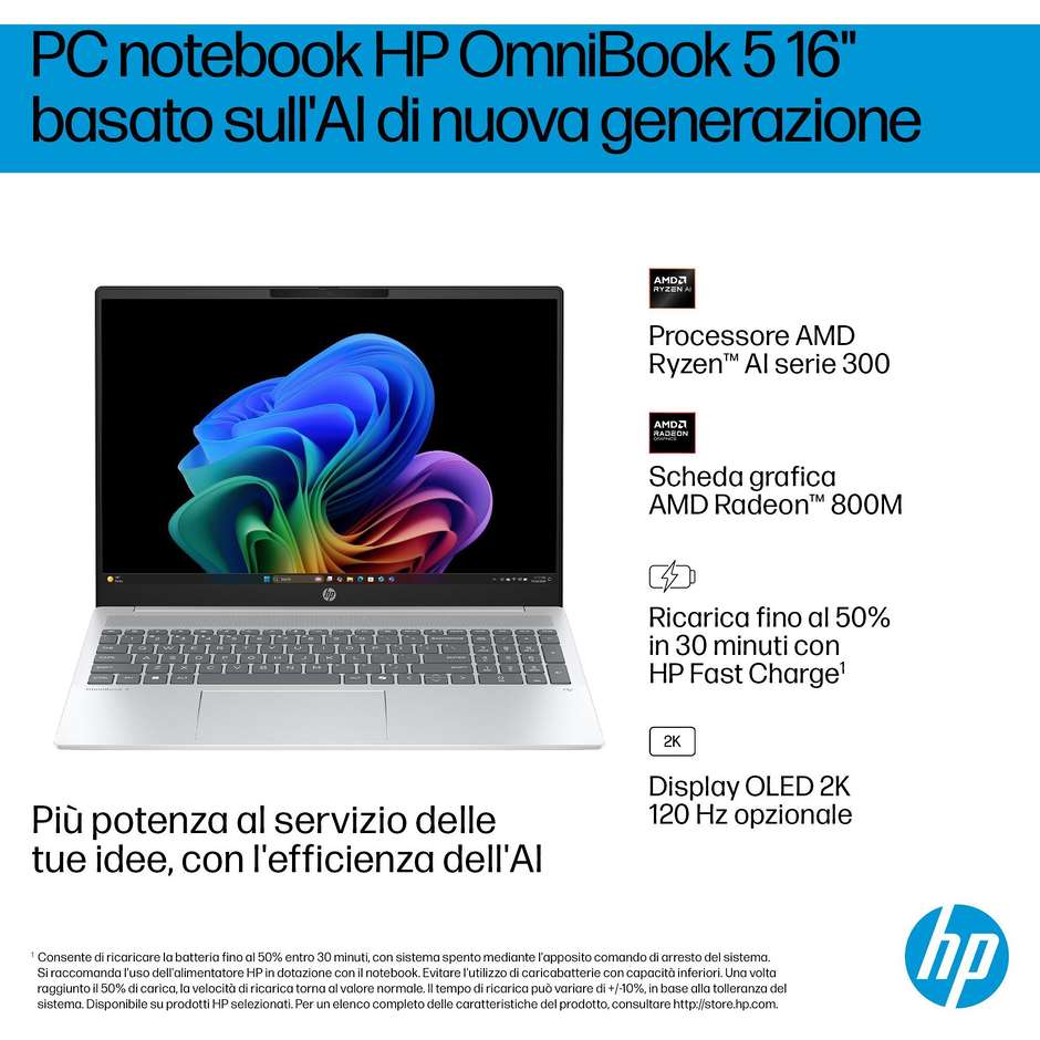 HP OmniBook 5 16-ag1034nlx Laptop Next Gen AI 16" 2K AMD Ryzen AI 5 16GB 512GB Argento