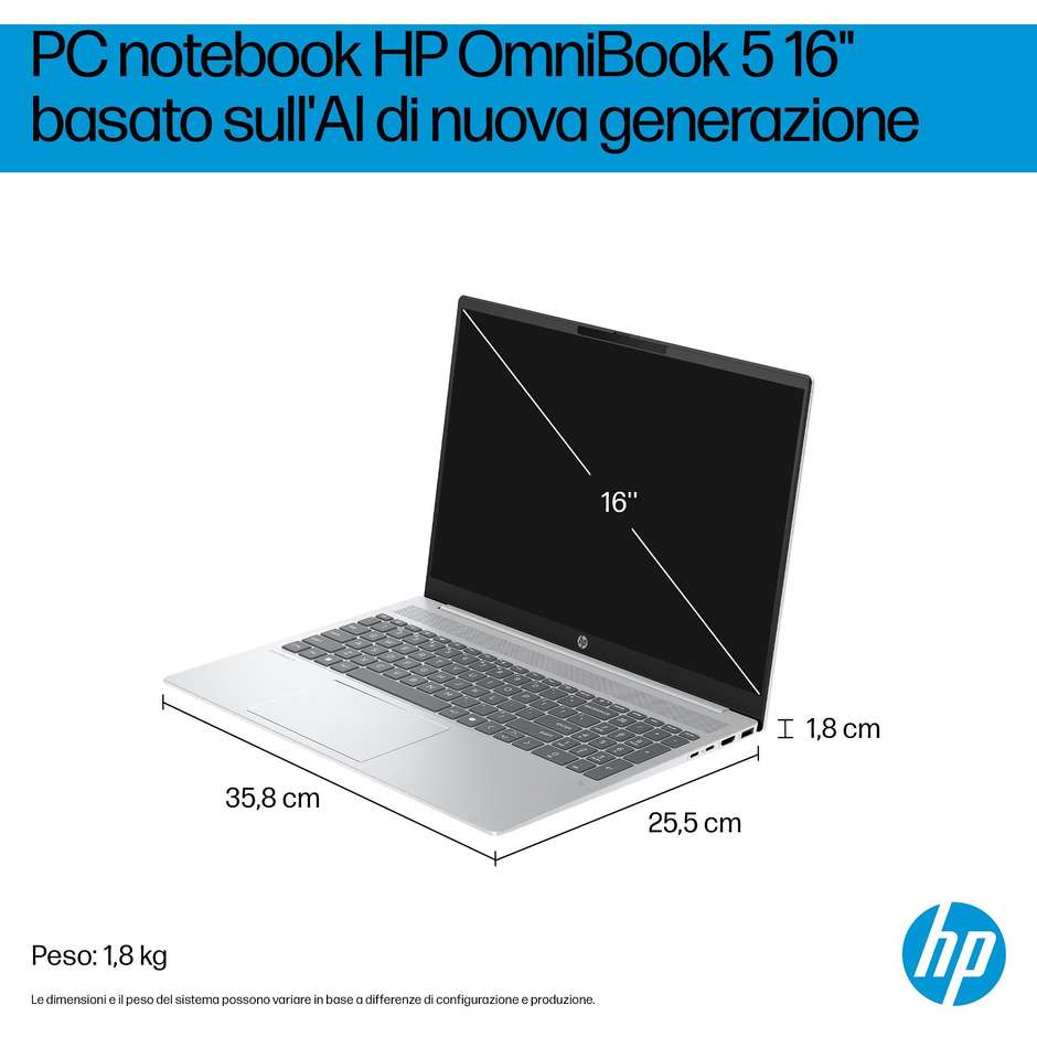 HP OmniBook 5 16-ag1034nlx Laptop Next Gen AI 16" 2K AMD Ryzen AI 5 16GB 512GB Argento