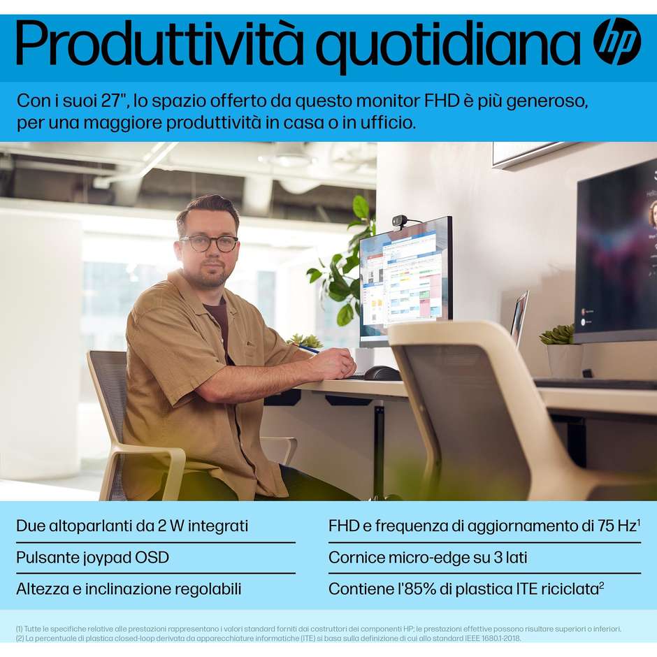 HP P27h G5 Monitor PC 27" Full HD 75Hz IPS Regolabile in Altezza Altoparlanti DisplayPort HDMI VGA Nero