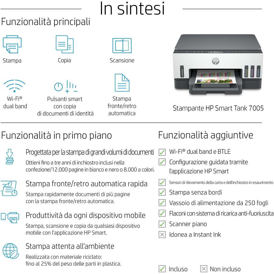 HP Smart Tank 7005 Multifunzione 3-in-1 Inkjet Serbatoi Ricaricabili A4 Fronte/Retro Automatico Wi-Fi Bianco/Grigio