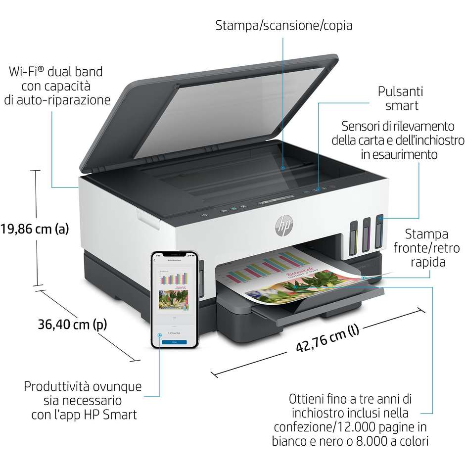 HP SMARTT7005 Stampante Multifunzione 3-in-1 Wi-Fi Formato A4 Wireless colore bianco e grigio