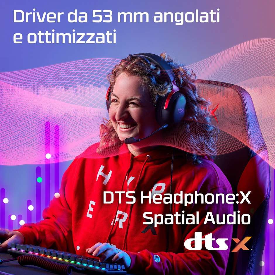 HyperX Cloud III Cuffie Gaming Cablate con Driver Angolati da 53mm DTS Spatial Audio Microfono 10mm Jack 3.5mm USB-C Nero Rosso (727A9AA)