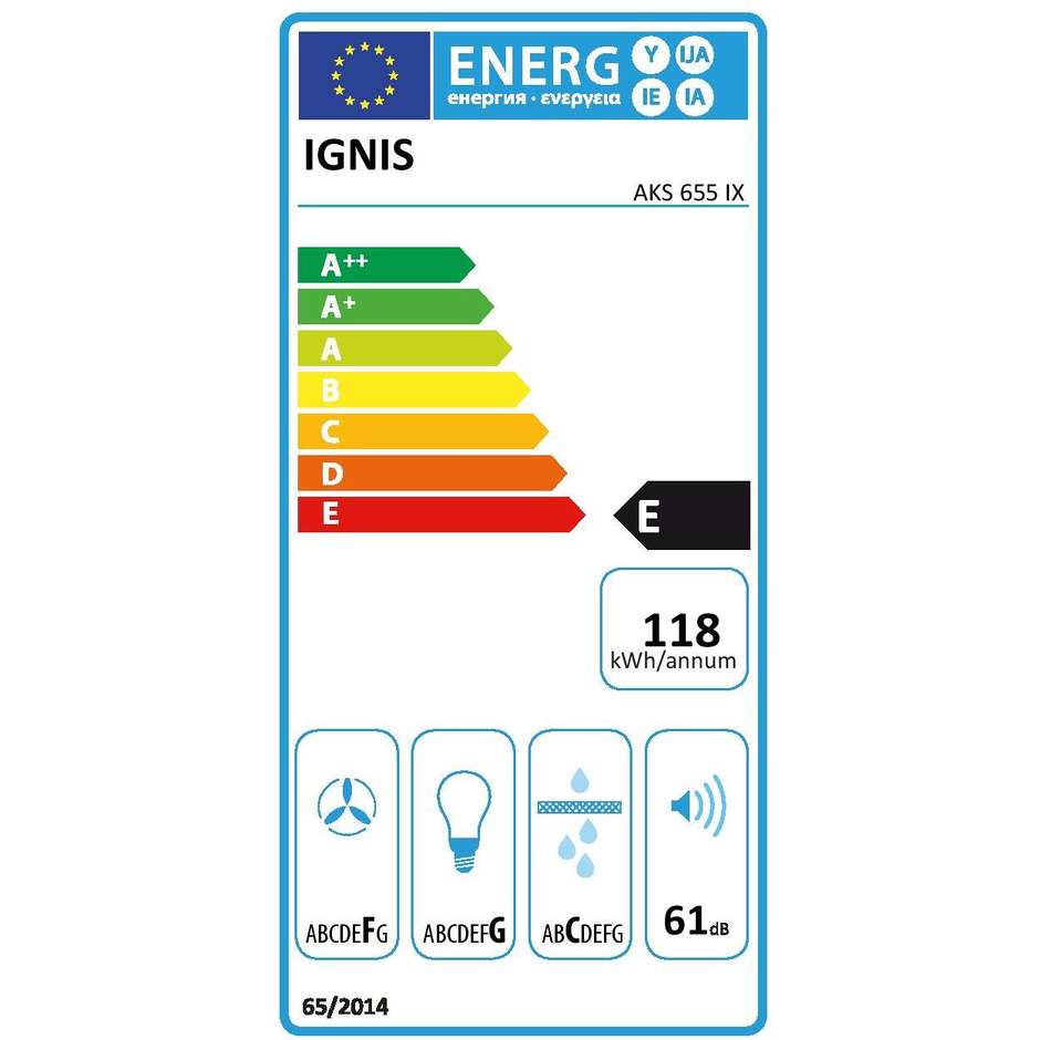 Ignis AKS 655 IX Cappa aspirante a parete 60cm 410 m³/h Classe E Colore Acciaio inox