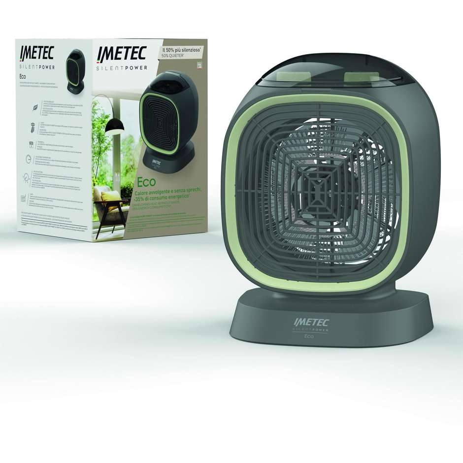 Imetec 4030 Termoventilatore Elettrico 2100 W Silent Power Eco, 4 Livelli, Termostato Regolabile, Verde/Grigio