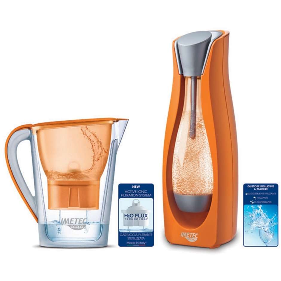 Imetec 7762 Kit Gasatore Acqua da Tavola con Caraffa in Vetro, Bottiglia 1 L e 2 Filtri Filtranti Arancione