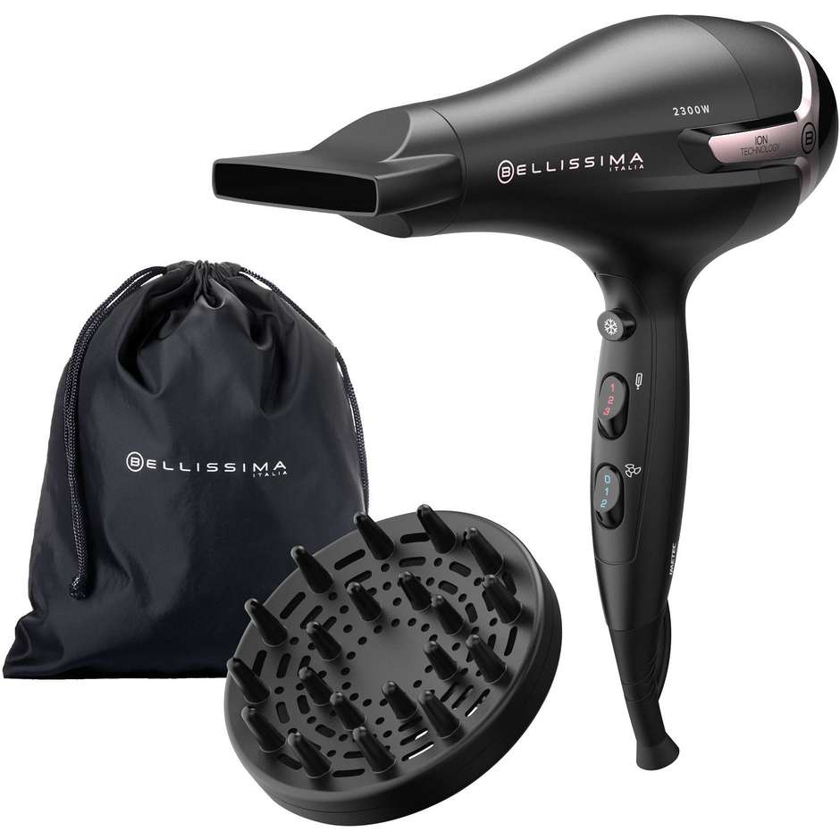 Imetec Bellissima K9 2500 Asciugacapelli Professionale Ceramica e Ioni 2300 W Nero e Oro Rosa